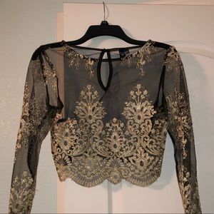 Longsleeve Mesh & Gold Detailed Cropped Blouse
